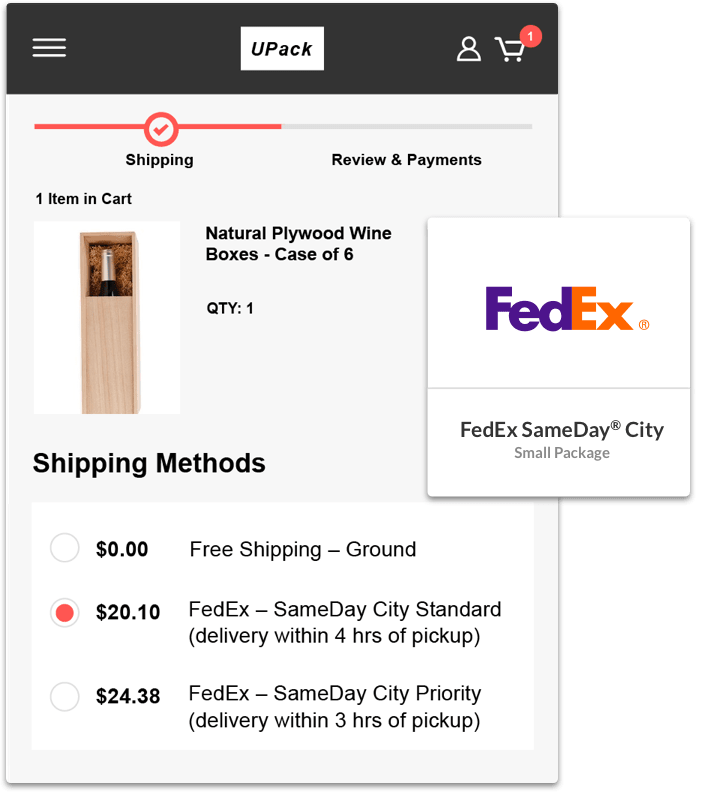 A picture of shipping options shown at checkout using ShipperHQ and FedEx SameDay City